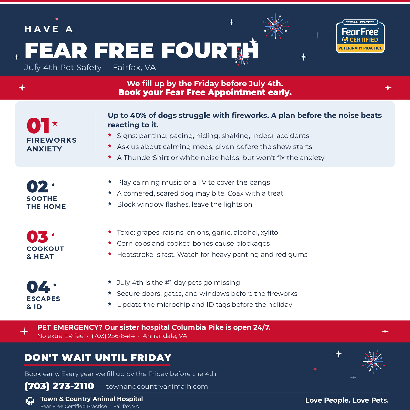 Town and Country Animal Hospital Fear Free Fourth infographic: July 4th pet safety tips for fireworks anxiety, soothing the home, cookout and heat hazards, and preventing lost pets with microchip and ID.