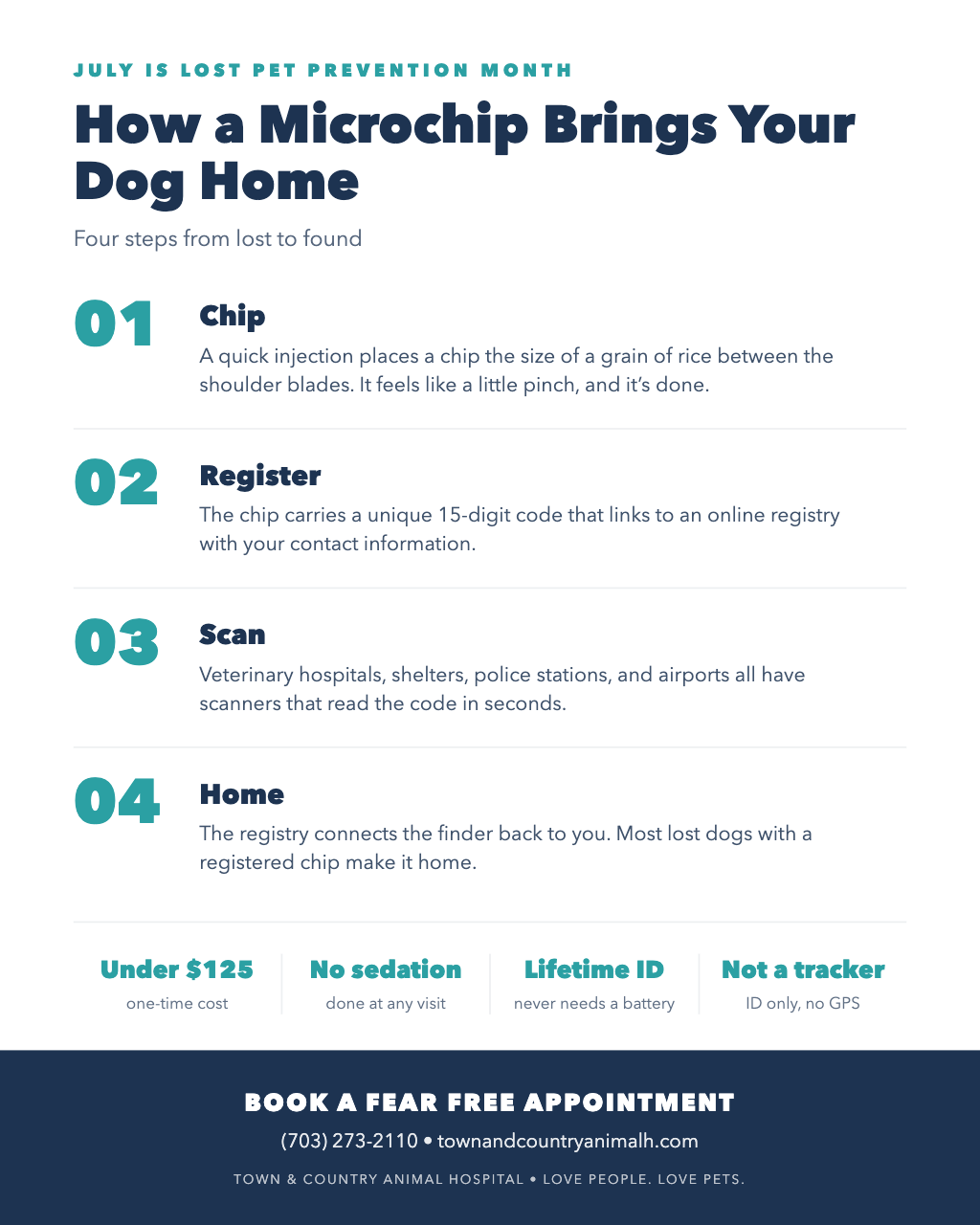 How a microchip brings your dog home in four steps: chip, register, scan, home. Under $125, no sedation, lifetime ID, not a GPS tracker.