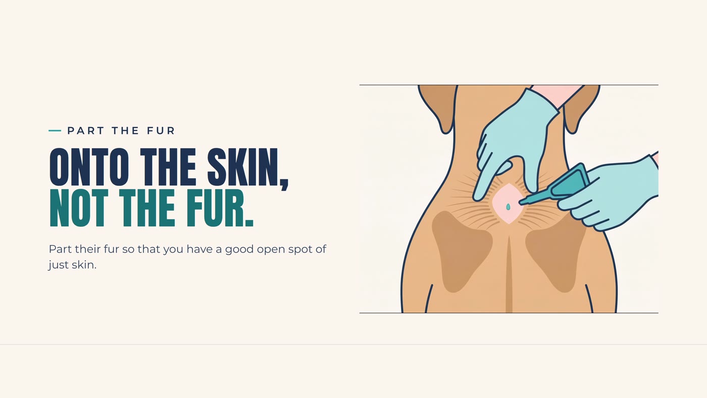 Diagram showing flea and tick product applied to bare skin between a dog’s shoulder blades, not the fur
