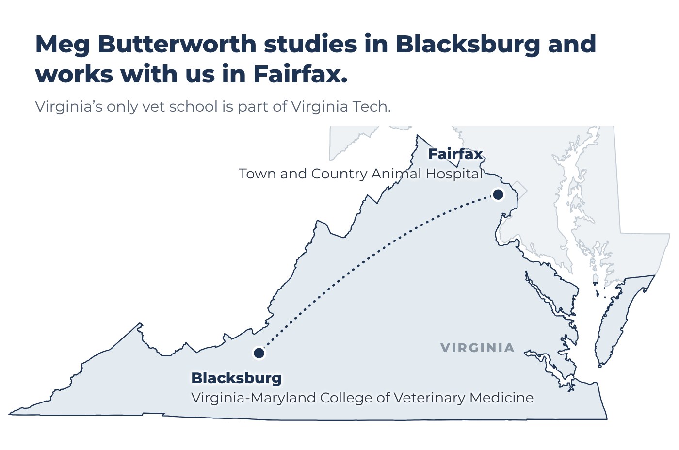 Map of Virginia: Meg Butterworth studies in Blacksburg, at the Virginia-Maryland College of Veterinary Medicine, and works with us in Fairfax, at Town and Country Animal Hospital.